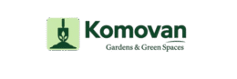 Komovan logo featuring a dark green shovel with leaves inside a light green rounded square, placed next to the brand name ‘Komovan’ in bold green text with the tagline ‘Gardens & Green Spaces.